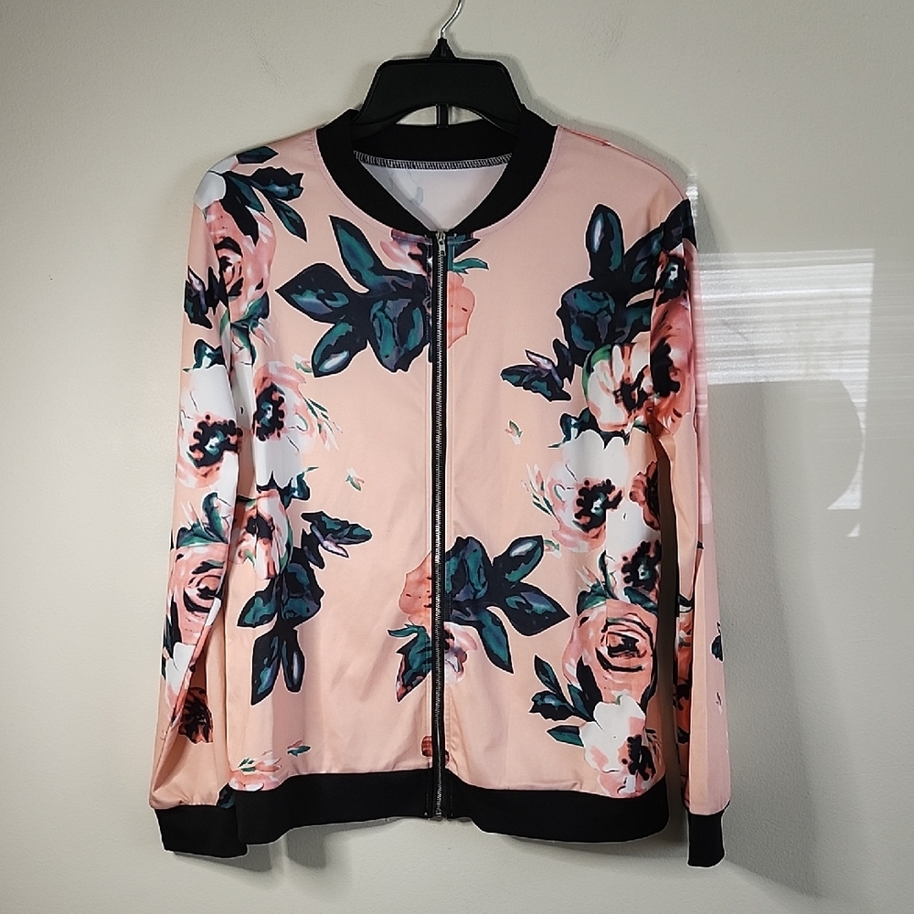 Womens Floral Pink Bomber Zip Up Lightweight Roses Large With Stretch
